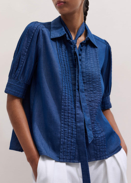 Blue Chambray Pintucked Short Sleeve Blouse + Tie