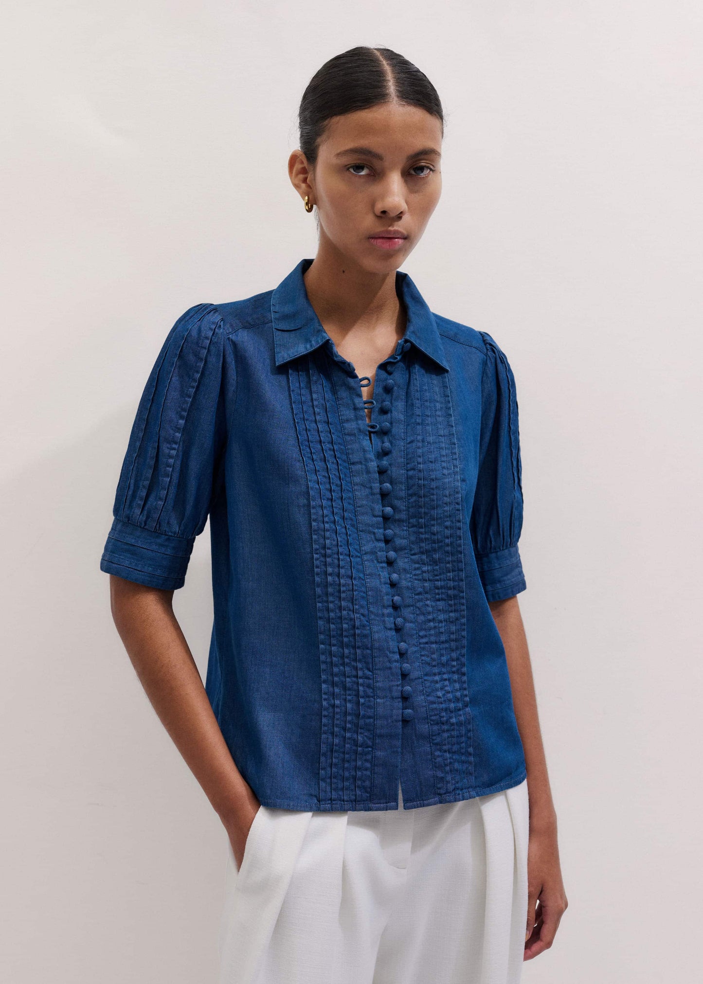 Blue Chambray Pintucked Short Sleeve Blouse + Tie