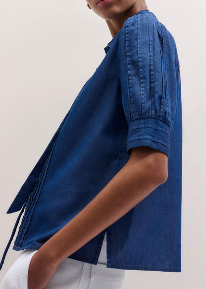 Blue Chambray Pintucked Short Sleeve Blouse + Tie