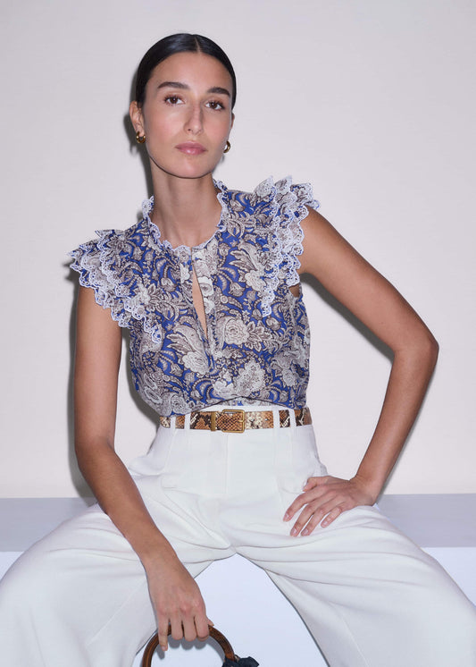 Blue Elaborate Botanical Print Ruffle Straight Blouse