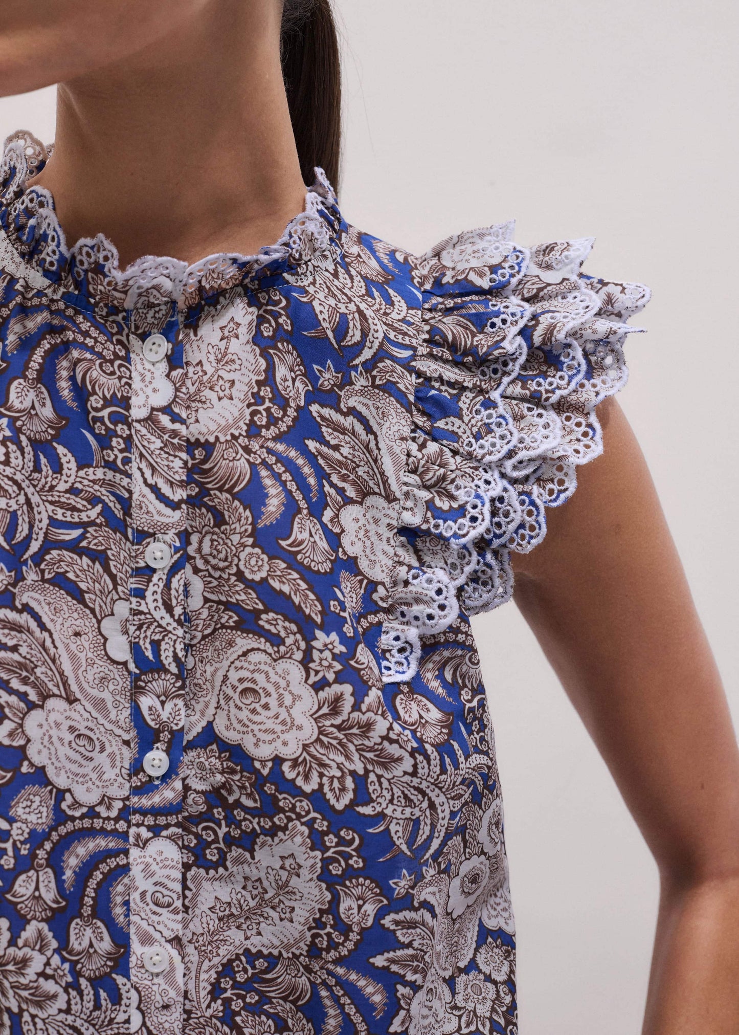 Blue Elaborate Botanical Print Ruffle Straight Blouse