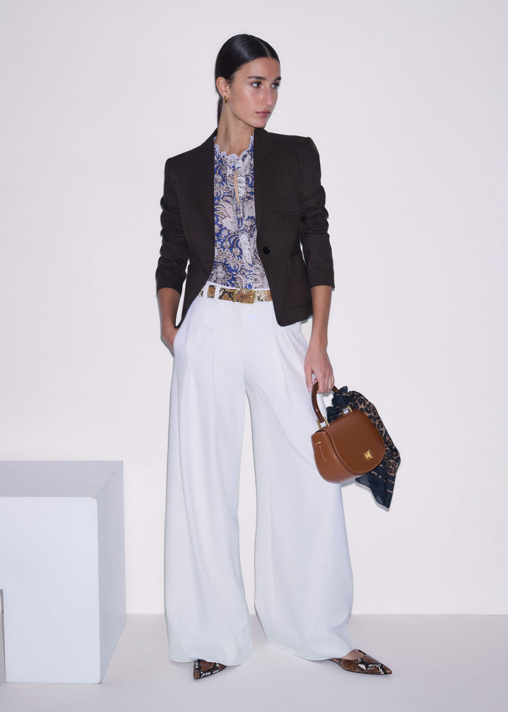 Blue Elaborate Botanical Print Ruffle Straight Blouse