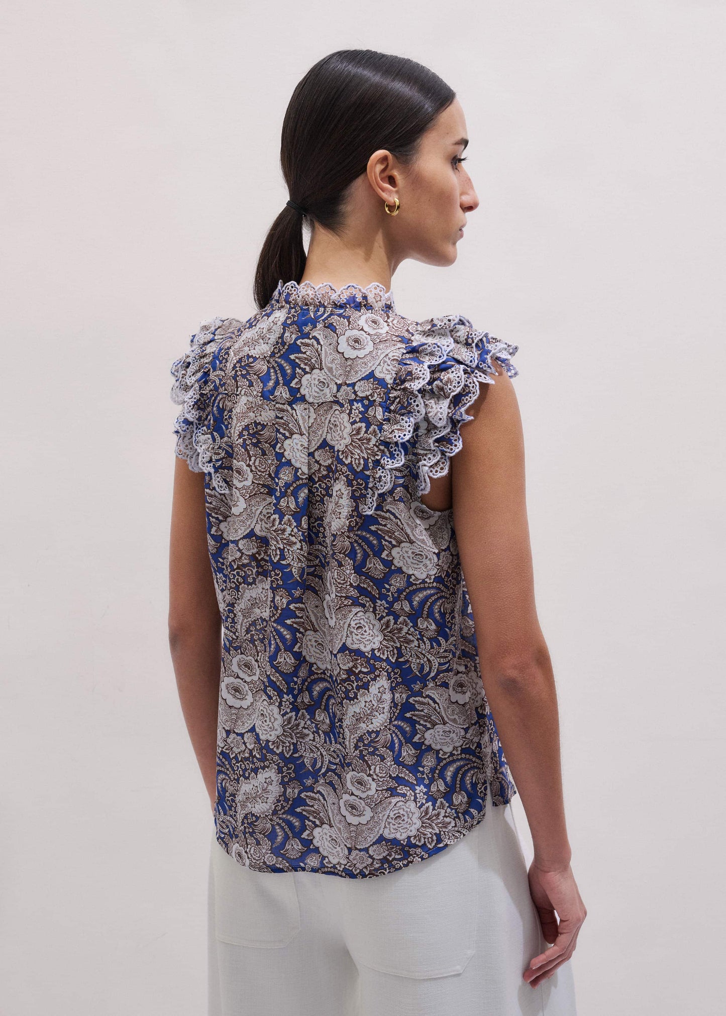 Blue Elaborate Botanical Print Ruffle Straight Blouse