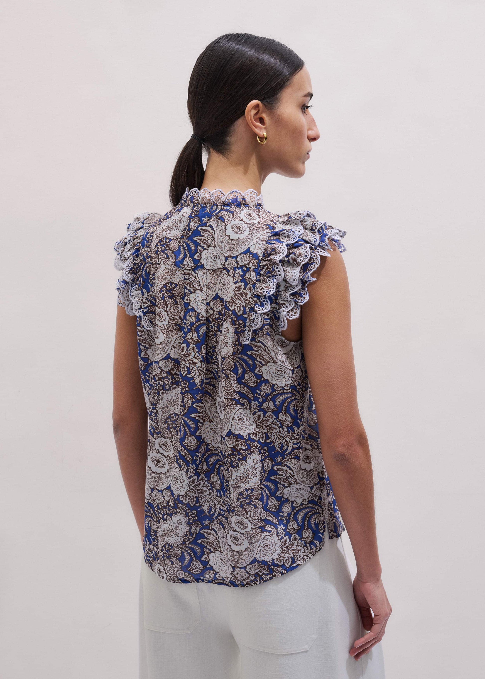 Blue Elaborate Botanical Print Ruffle Straight Blouse