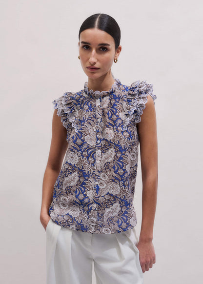 Blue Elaborate Botanical Print Ruffle Straight Blouse