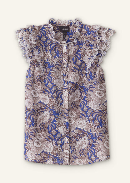 Blue Elaborate Botanical Print Ruffle Straight Blouse