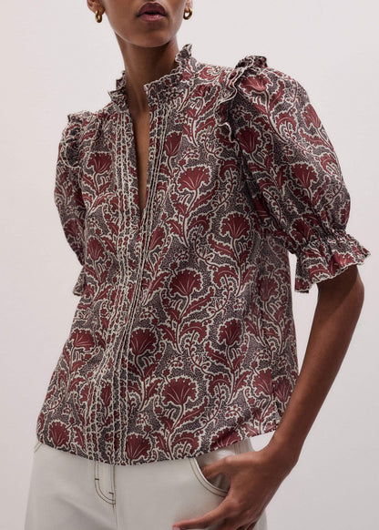 Brown Silk Cotton Rising Wildflower Print Blouse