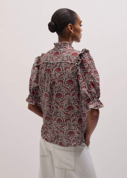Brown Silk Cotton Rising Wildflower Print Blouse