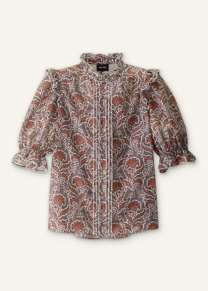 Brown Silk Cotton Rising Wildflower Print Blouse
