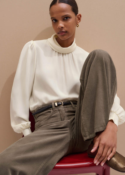 Cream Silk High Neck Slim Cut Blouse
