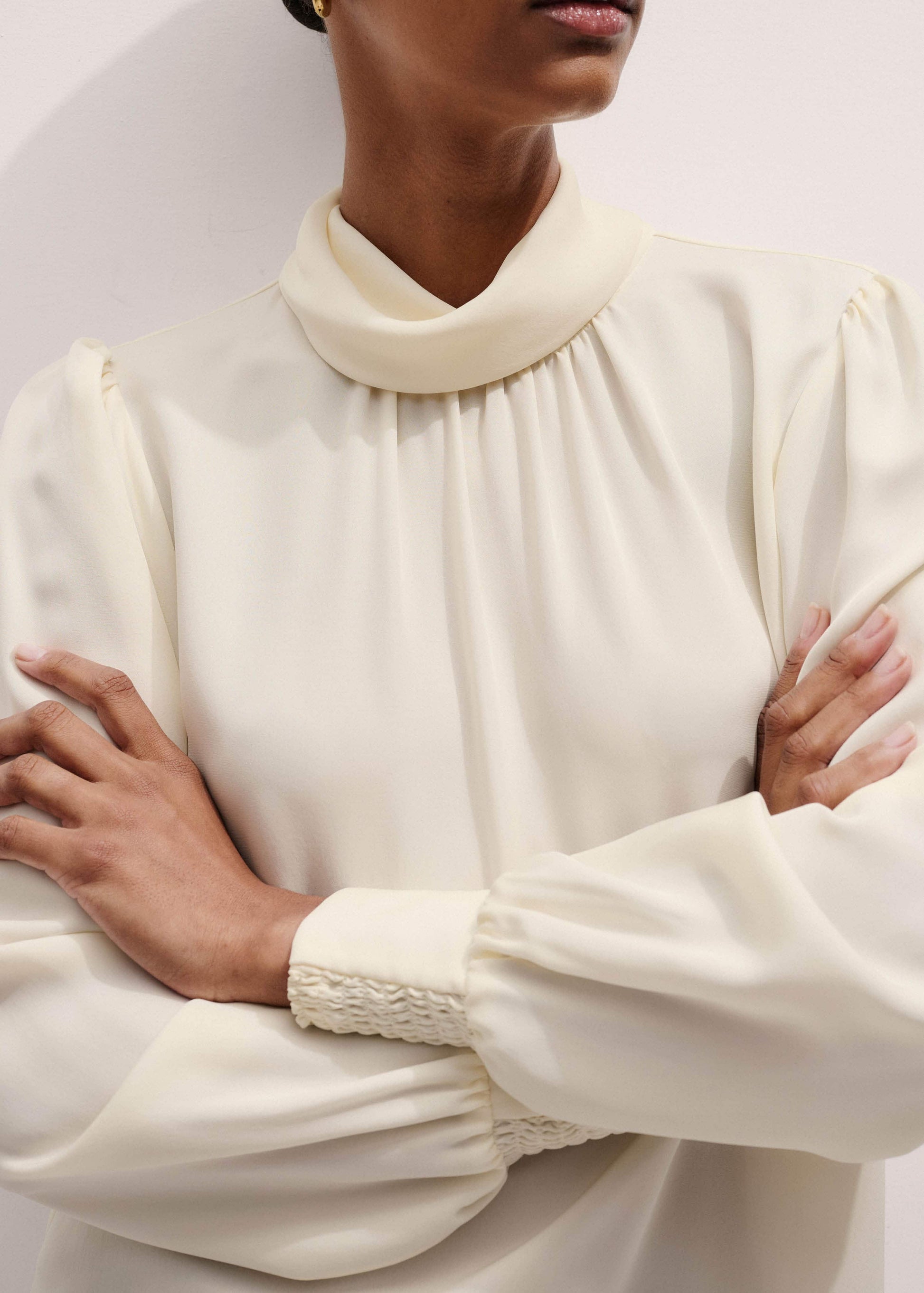 Cream Silk High Neck Slim Cut Blouse