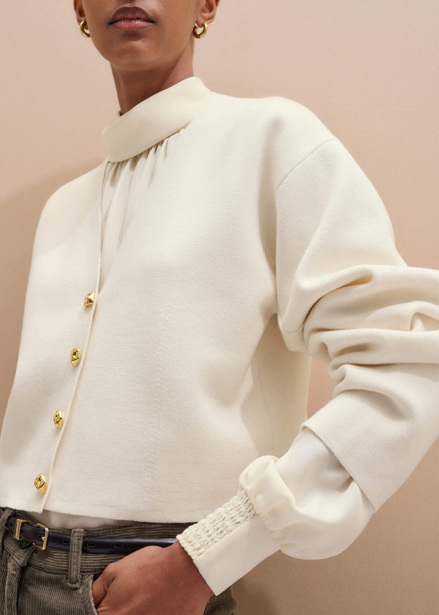 Cream Silk High Neck Slim Cut Blouse