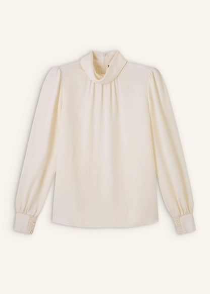 Cream Silk High Neck Slim Cut Blouse