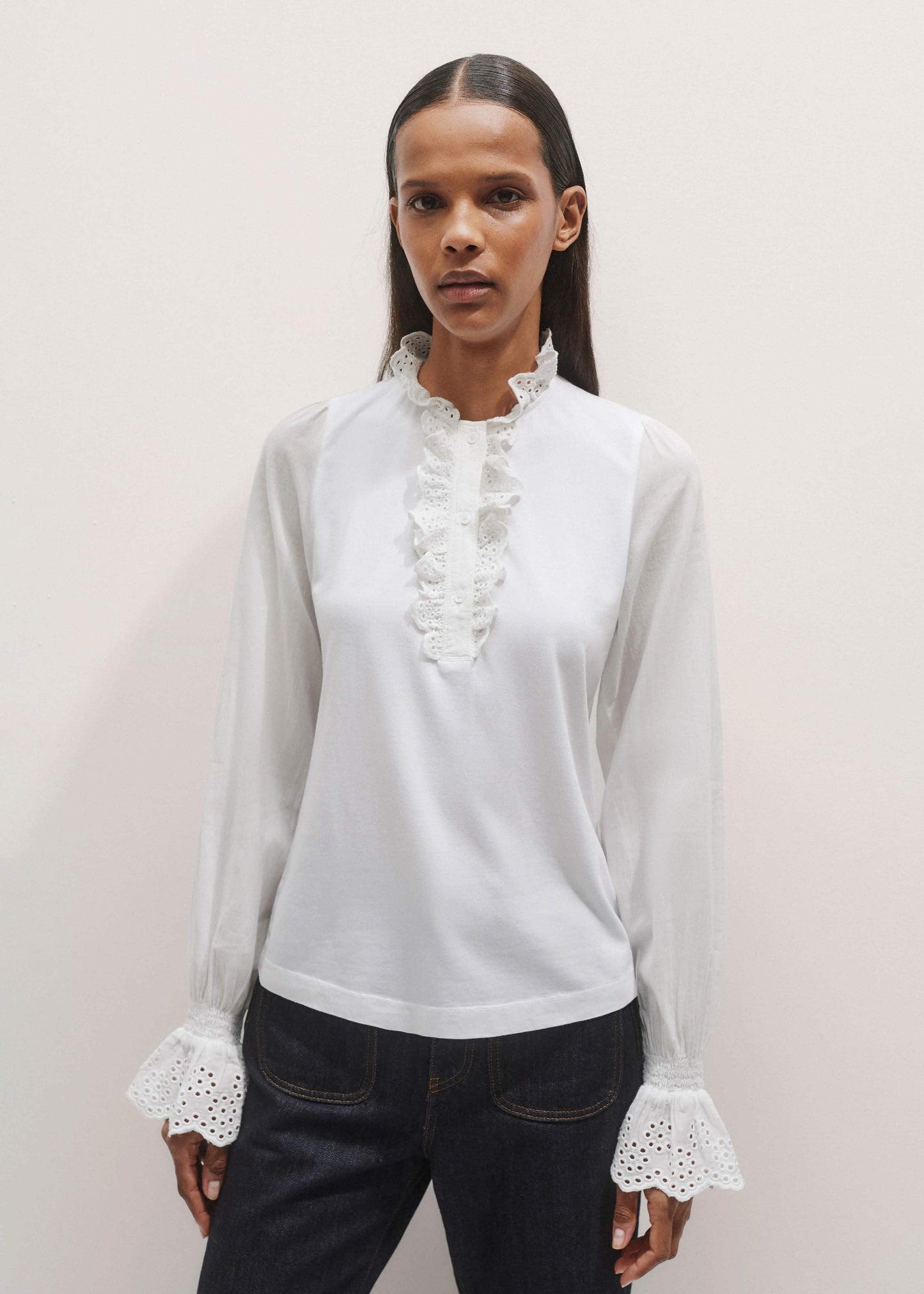 White Cotton Voile Broderie Layering Blouse
