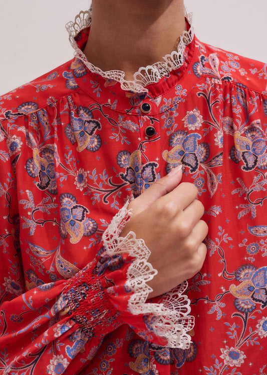 Orange Ornate Floral Paisley Print Blouse
