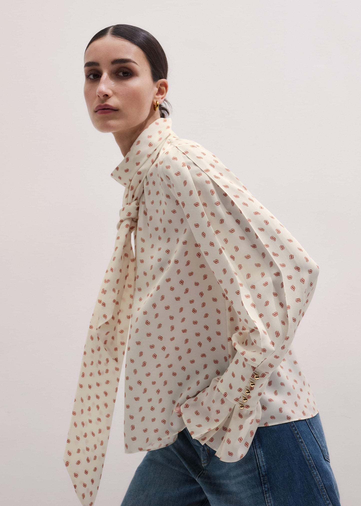 Cream Silk Spaced Paisley Print Statement Sleeve Blouse + Tie