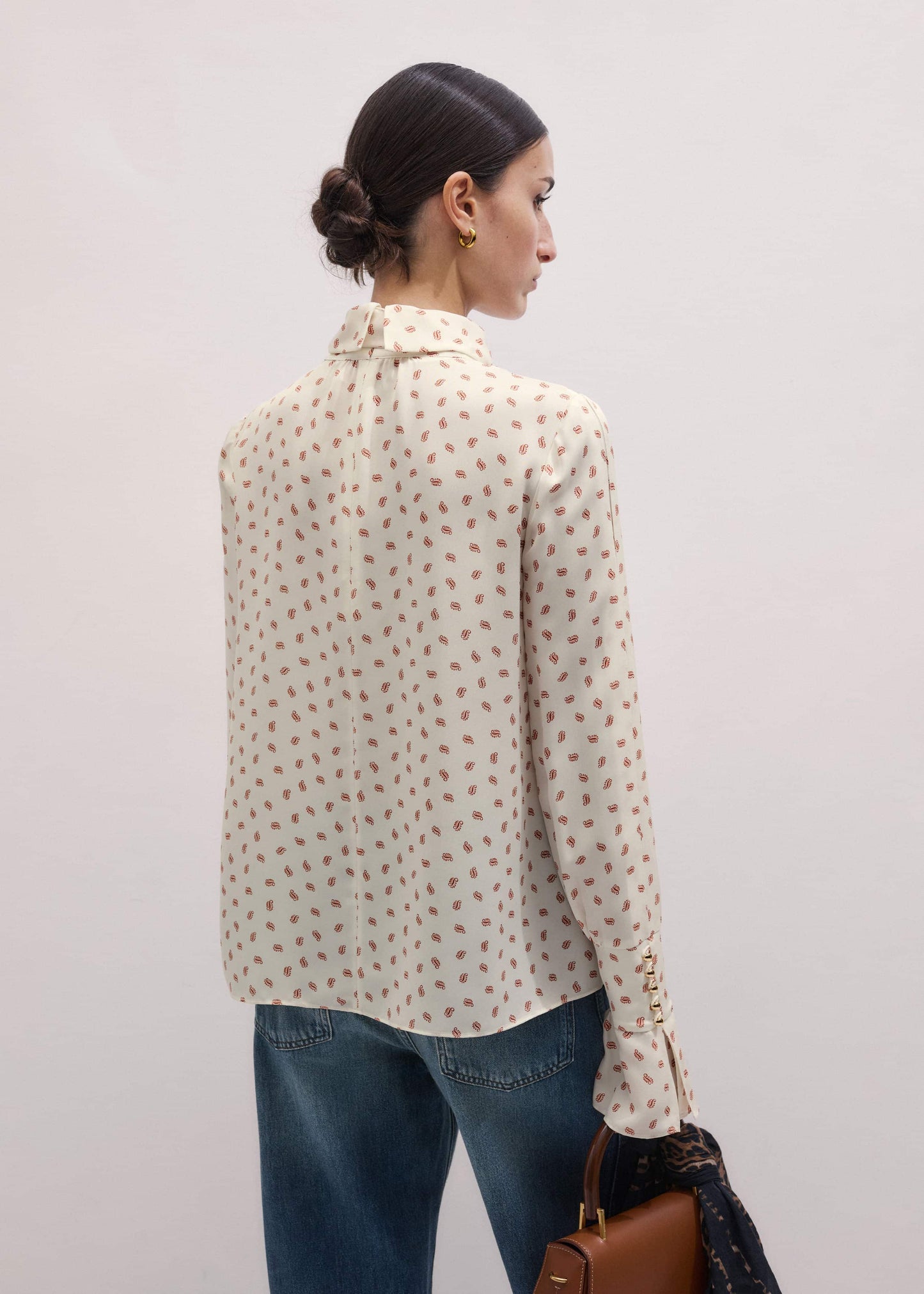 Cream Silk Spaced Paisley Print Statement Sleeve Blouse + Tie