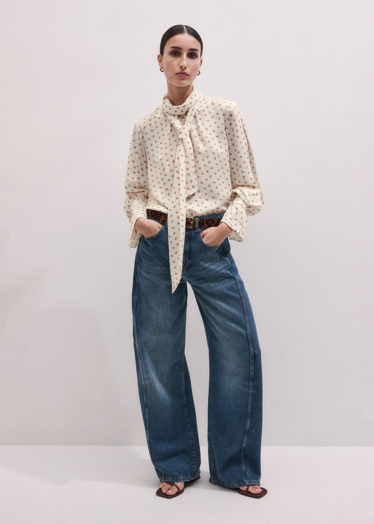Cream Silk Spaced Paisley Print Statement Sleeve Blouse + Tie