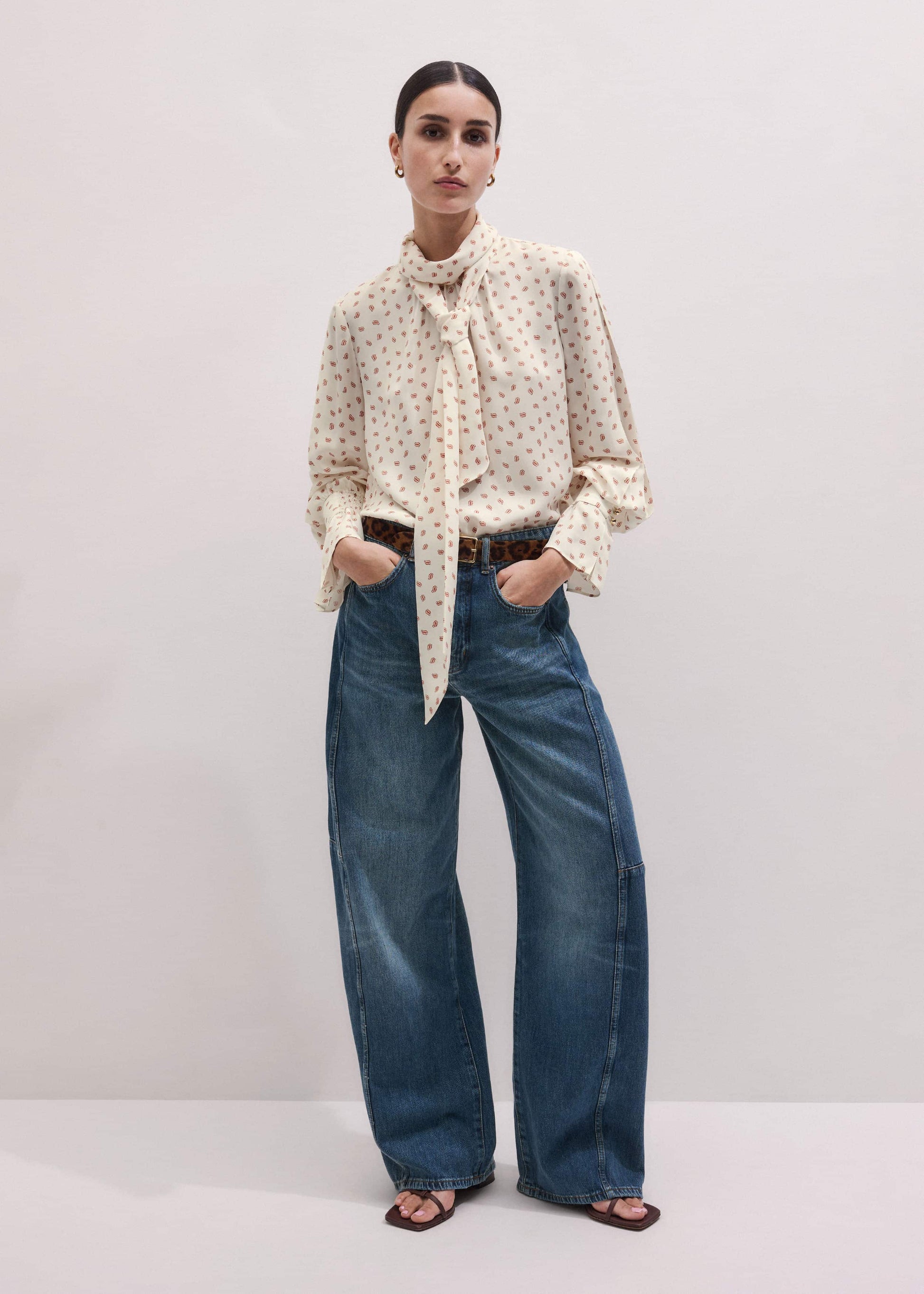 Cream Silk Spaced Paisley Print Statement Sleeve Blouse + Tie