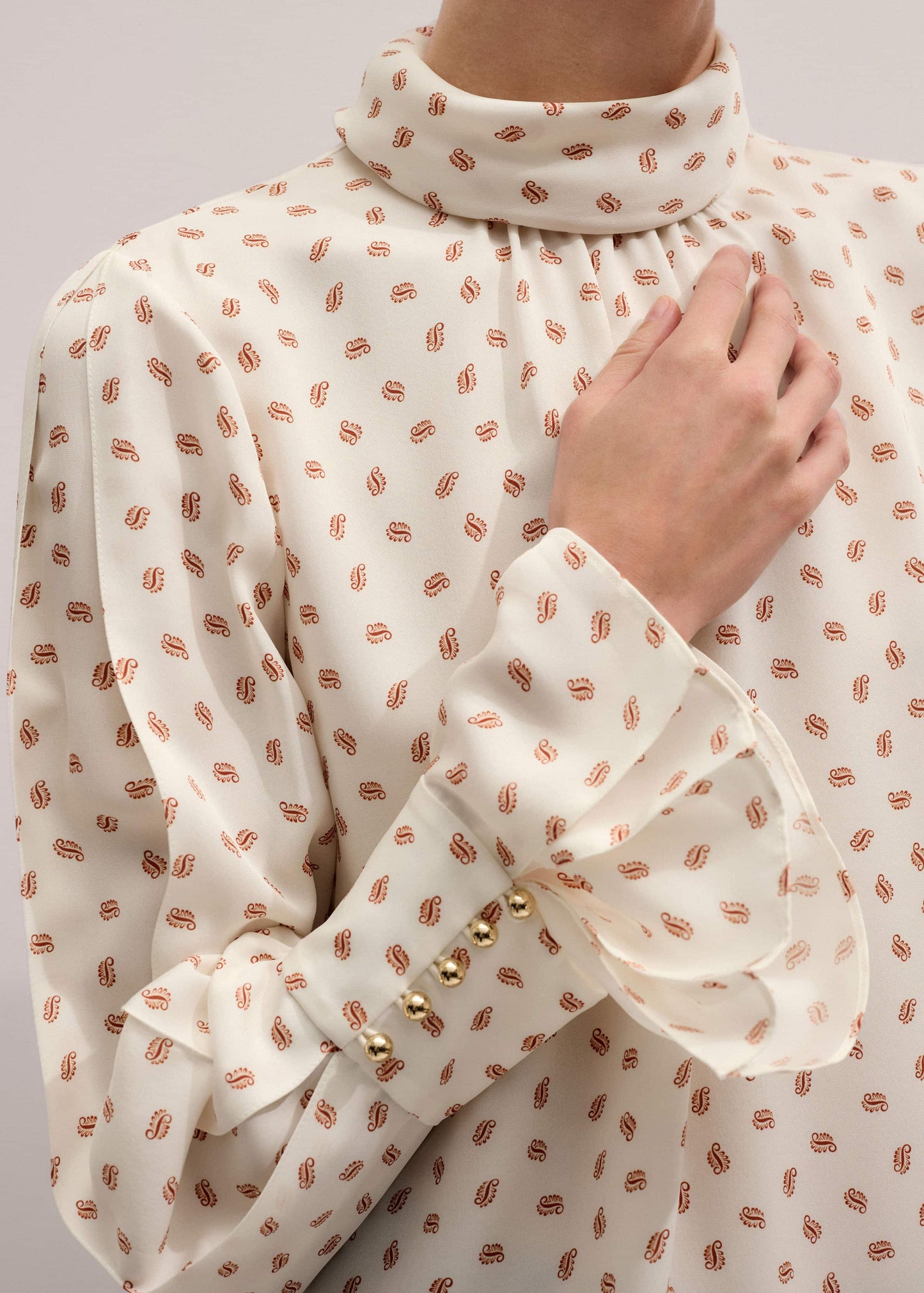 Cream Silk Spaced Paisley Print Statement Sleeve Blouse + Tie