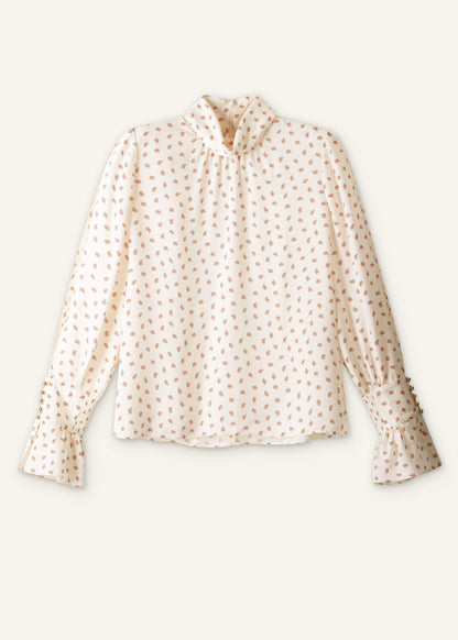 Cream Silk Spaced Paisley Print Statement Sleeve Blouse + Tie