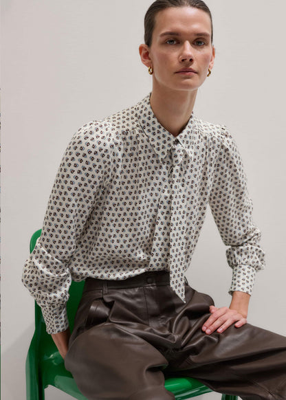 Cream Micro Paisley Print Blouse + Tie