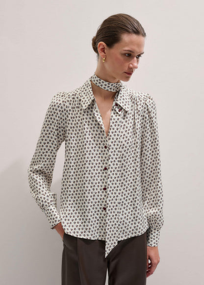 Cream Micro Paisley Print Blouse + Tie
