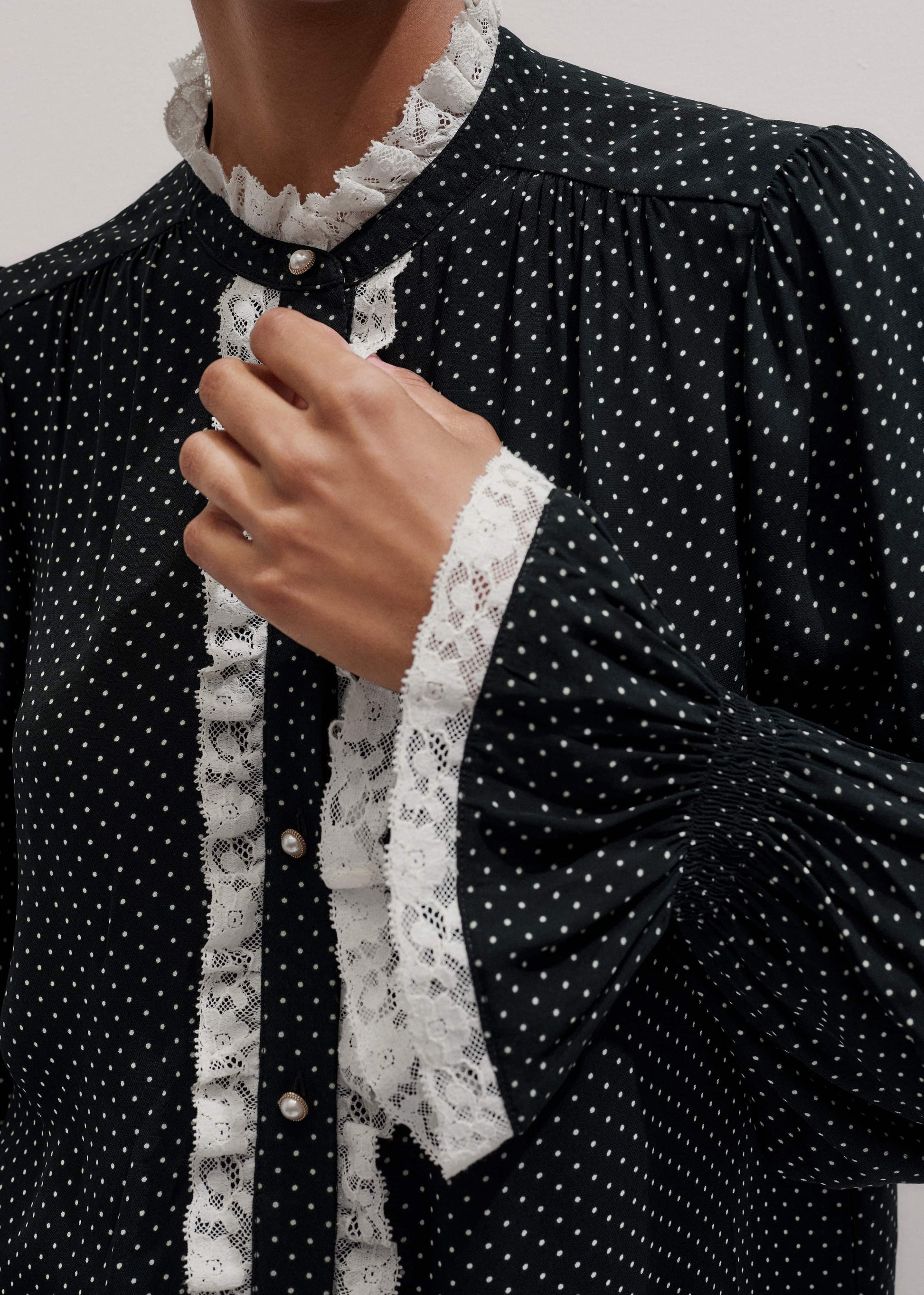 Black Micro Polka Dot And Lace Blouse