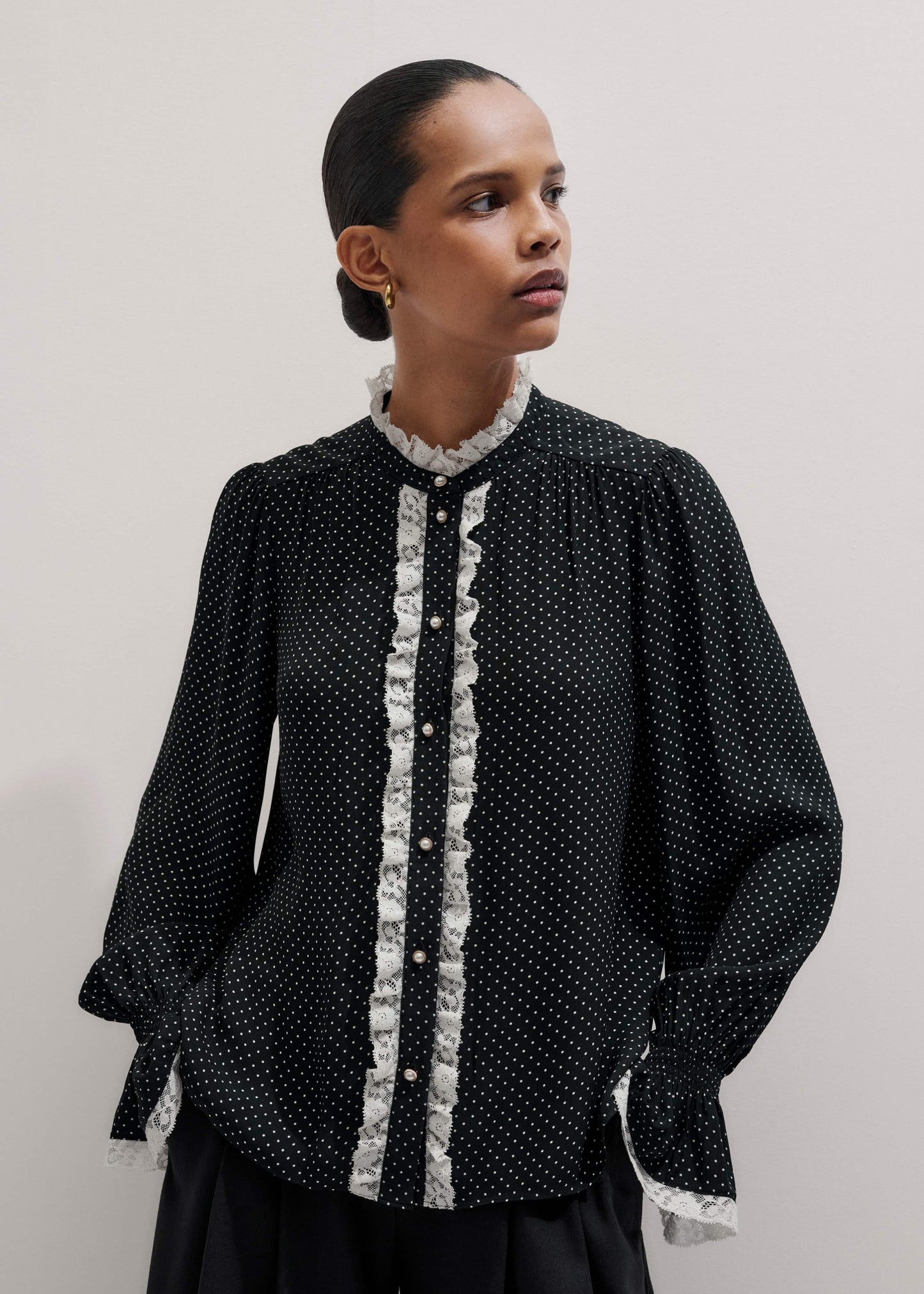 Black Micro Polka Dot And Lace Blouse
