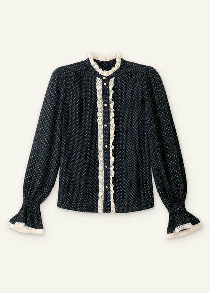Black Micro Polka Dot And Lace Blouse