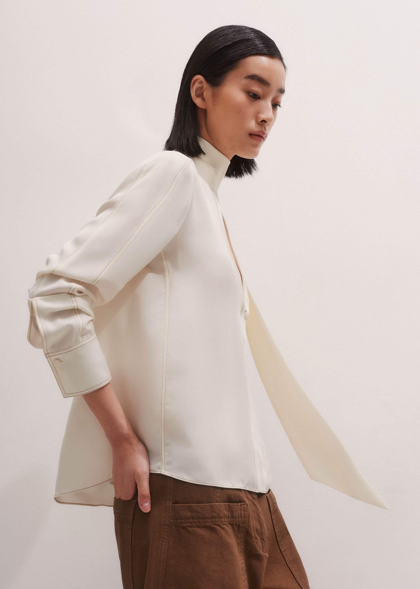 Cream High Neck Blouse + Tie