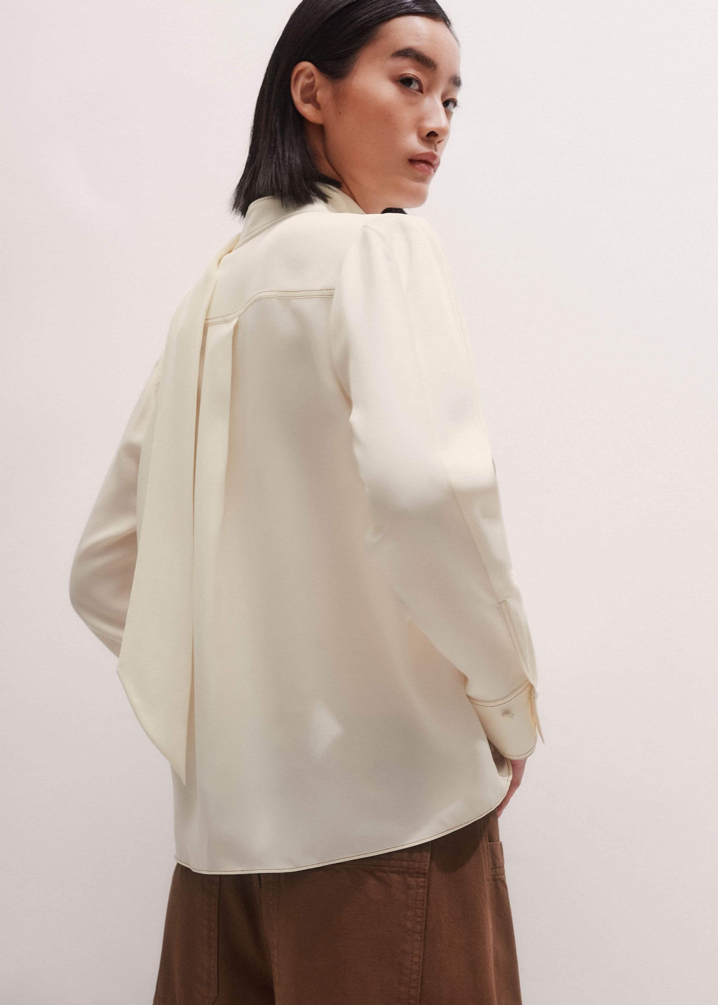 Cream High Neck Blouse + Tie