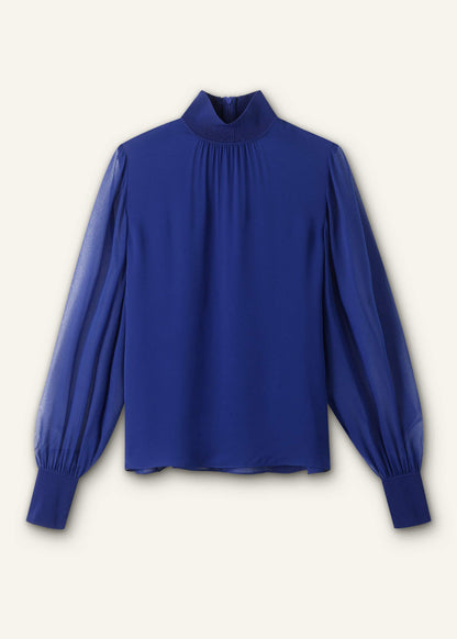 Blue Silk Chic Rib Straight Blouse