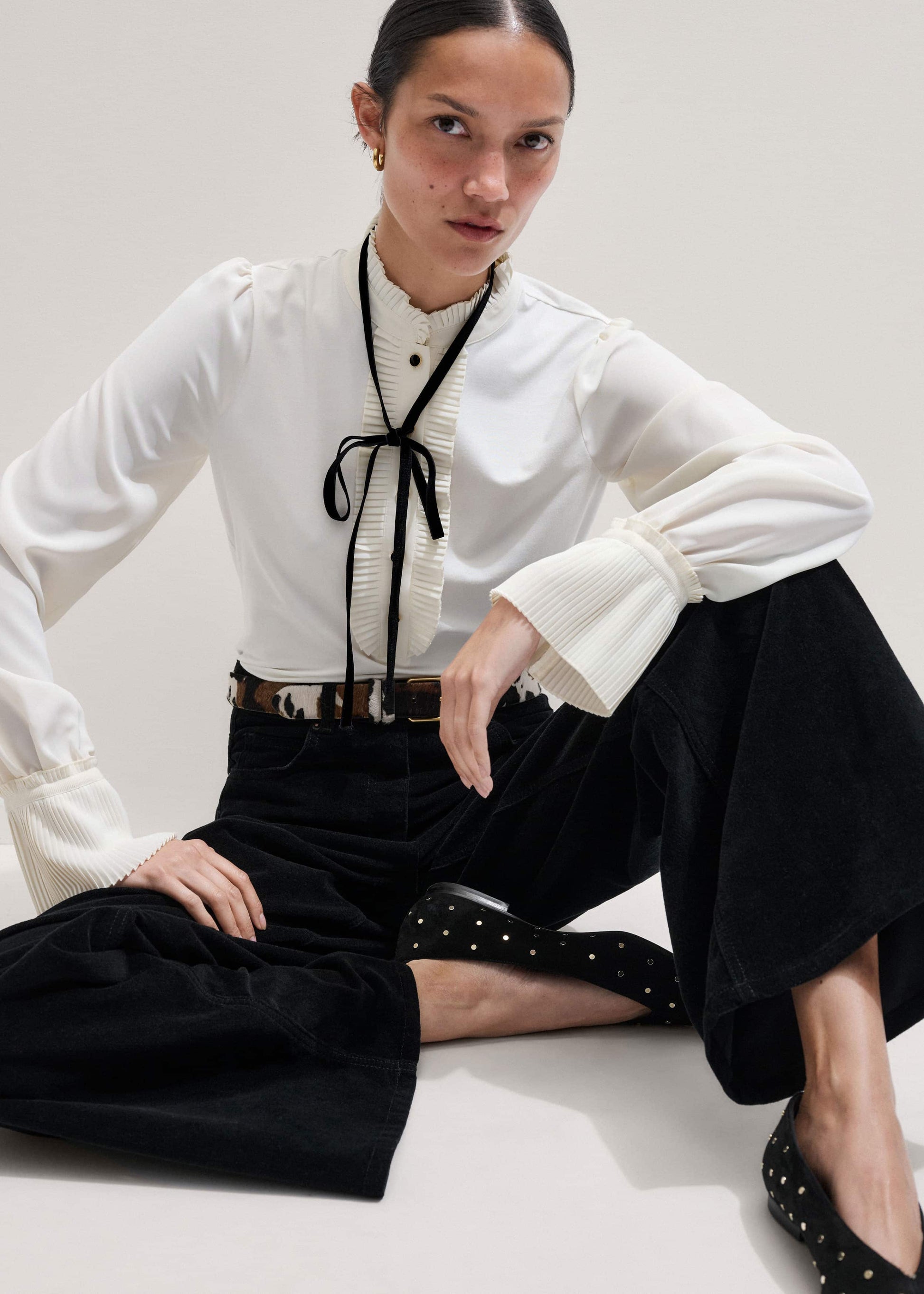 Cream Frill Neck Layering Blouse + Tie