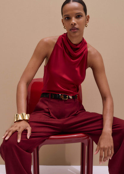 Red Silk Satin Halterneck Sleeveless Top