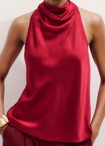 Red Silk Satin Halterneck Sleeveless Top