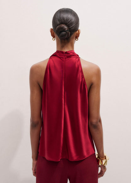 Red Silk Satin Halterneck Sleeveless Top