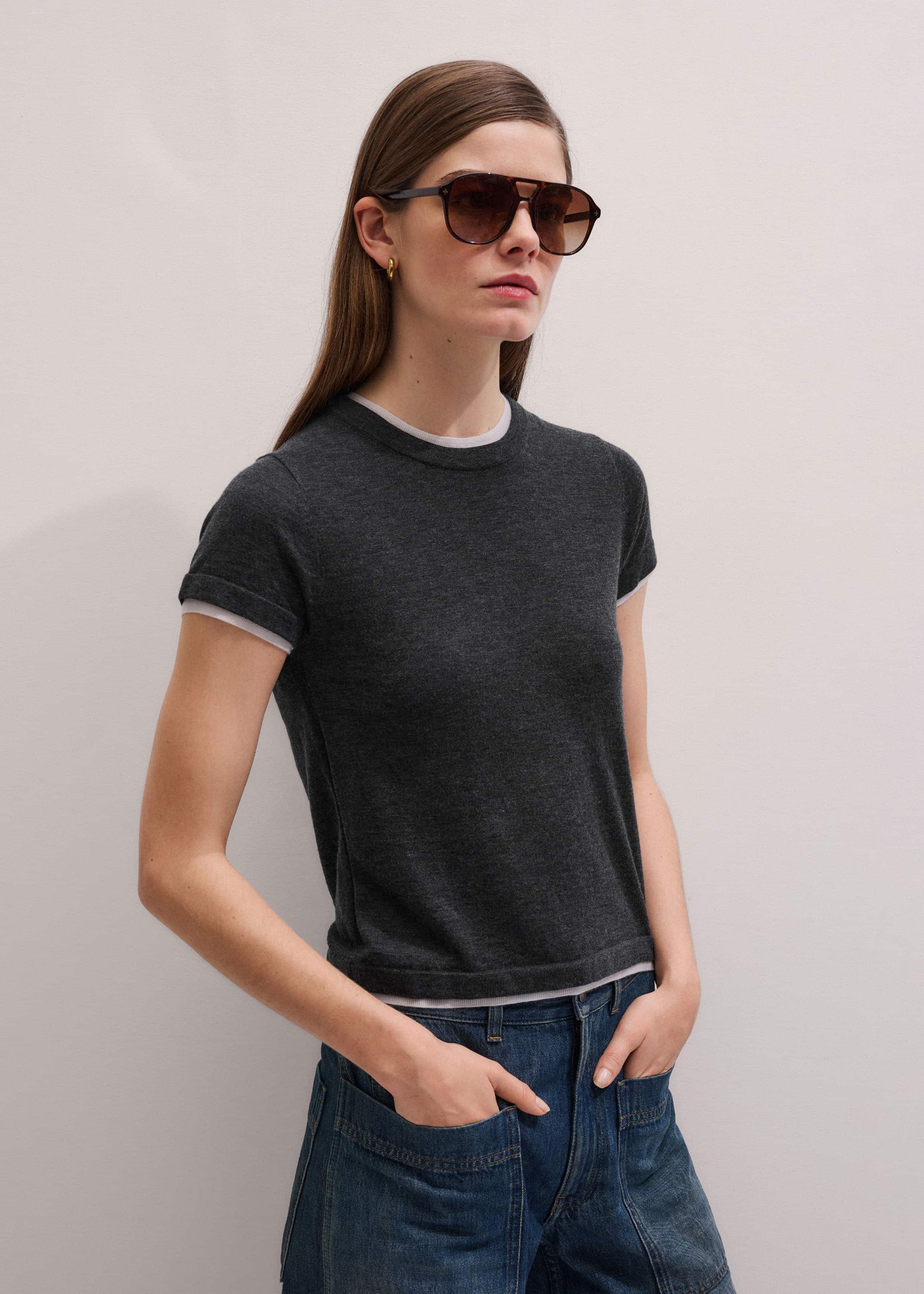 Grey Barely There Contrast Trim Knit Baby Tee