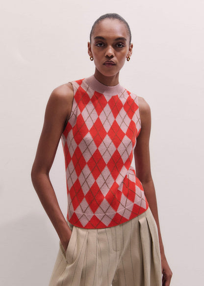 Pink Fine Argyle Slim Knit Vest