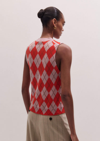 Pink Fine Argyle Slim Knit Vest