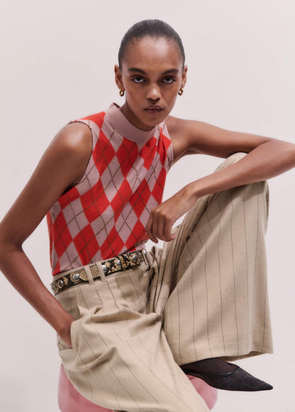 Pink Fine Argyle Slim Knit Vest
