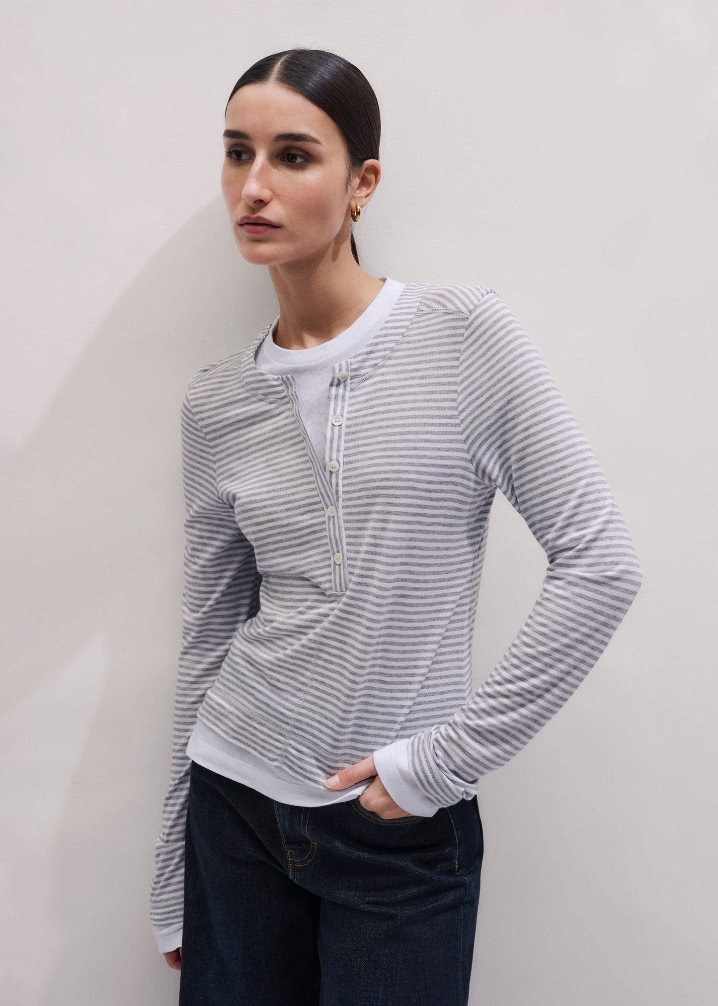Gray Double-Layer Look Long Sleeve Top