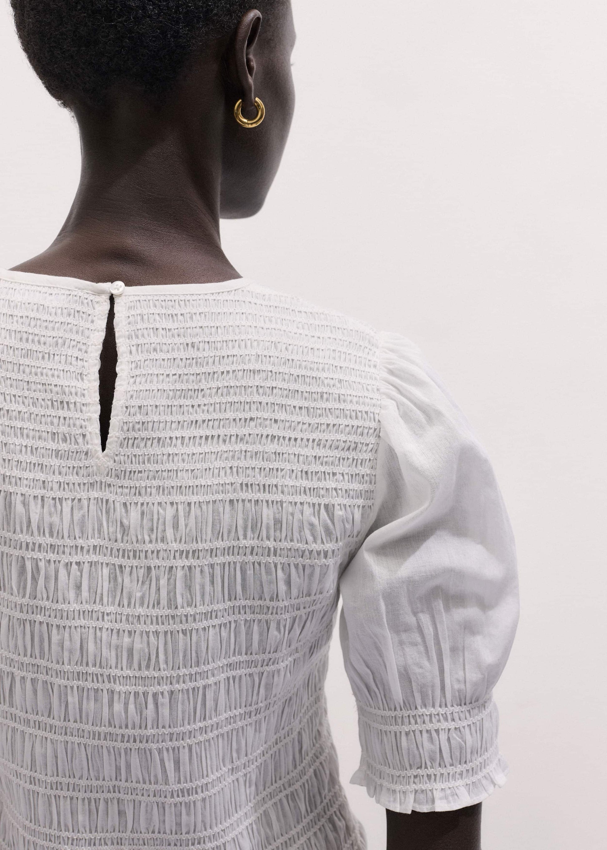 White Soft Cotton Contrast Stitch Smocked Day Top