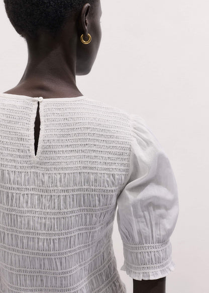 White Soft Cotton Contrast Stitch Smocked Day Top
