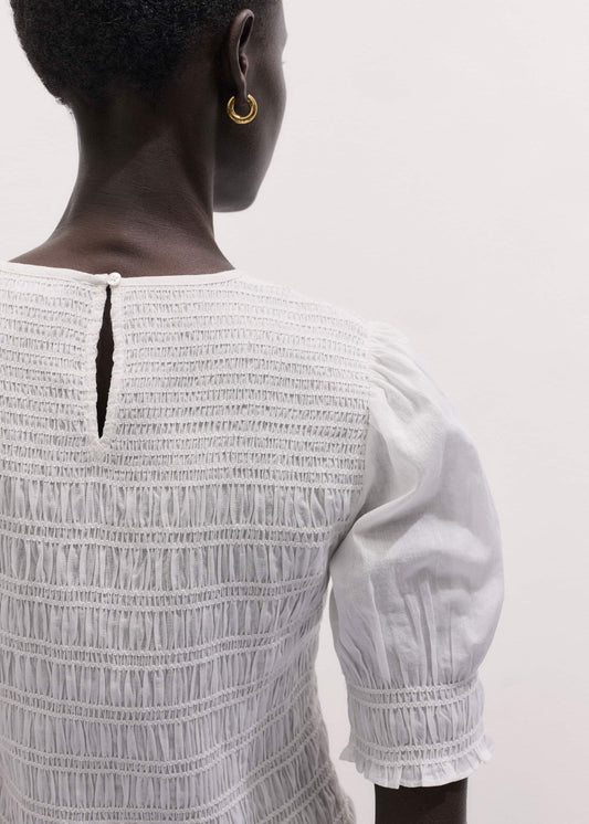 White Soft Cotton Contrast Stitch Smocked Day Top