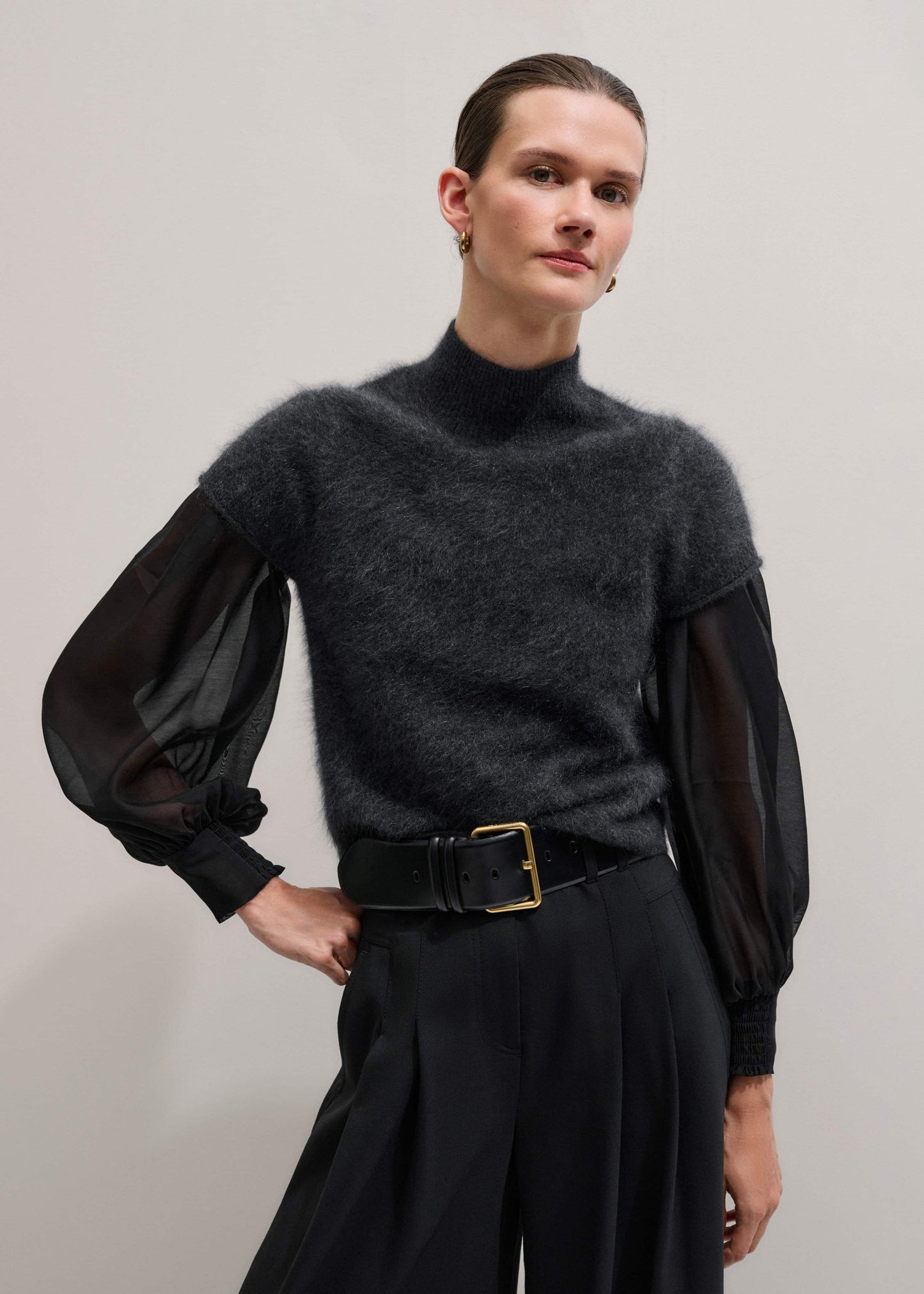 Black Balloon Sleeve Slim Layering Top