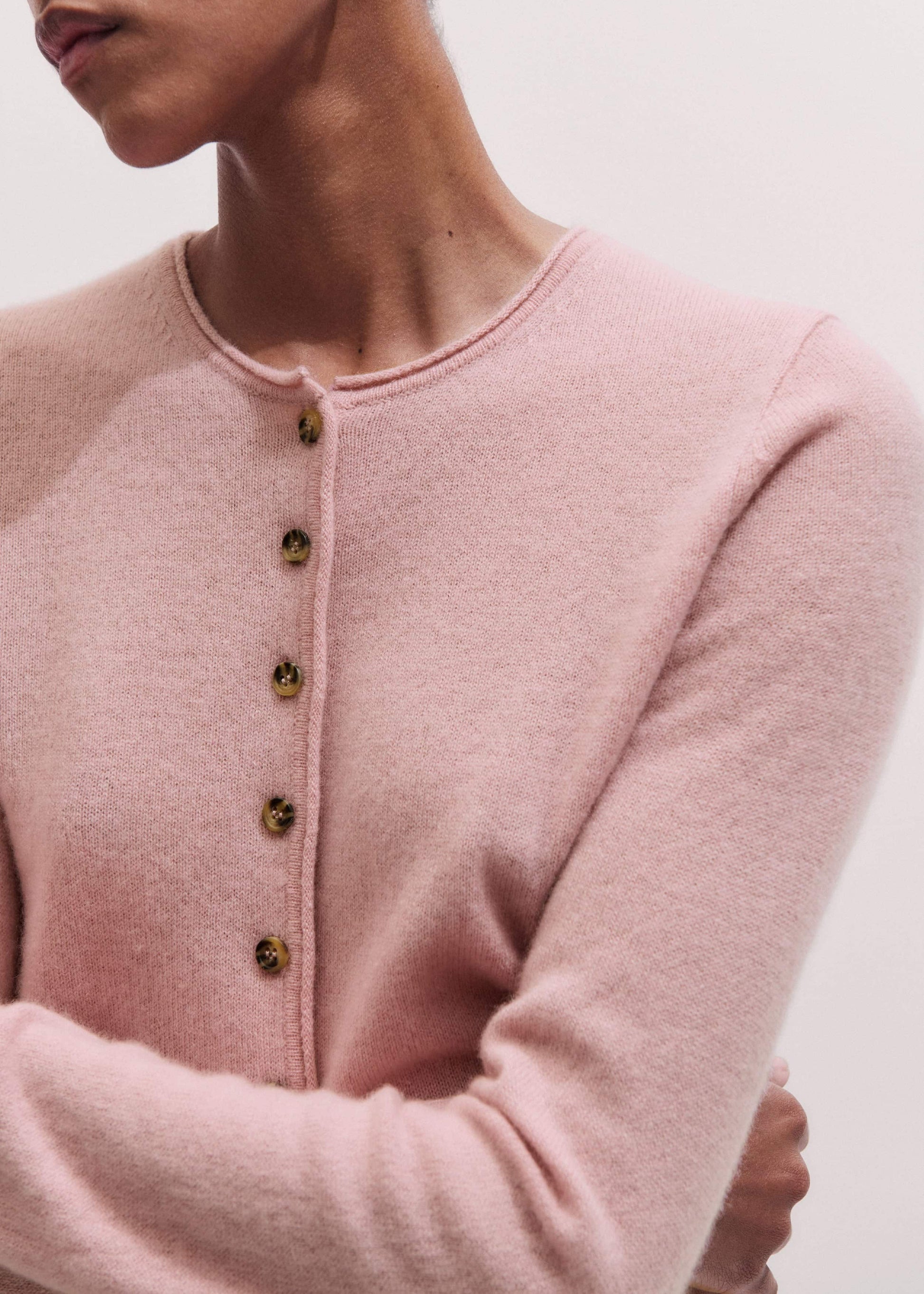 Pink Cashmere Roll Trim Straight Cardigan