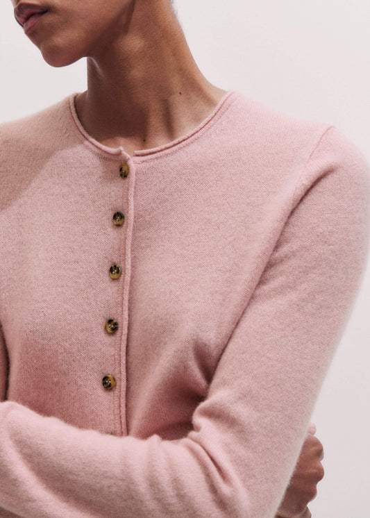Pink Cashmere Roll Trim Straight Cardigan