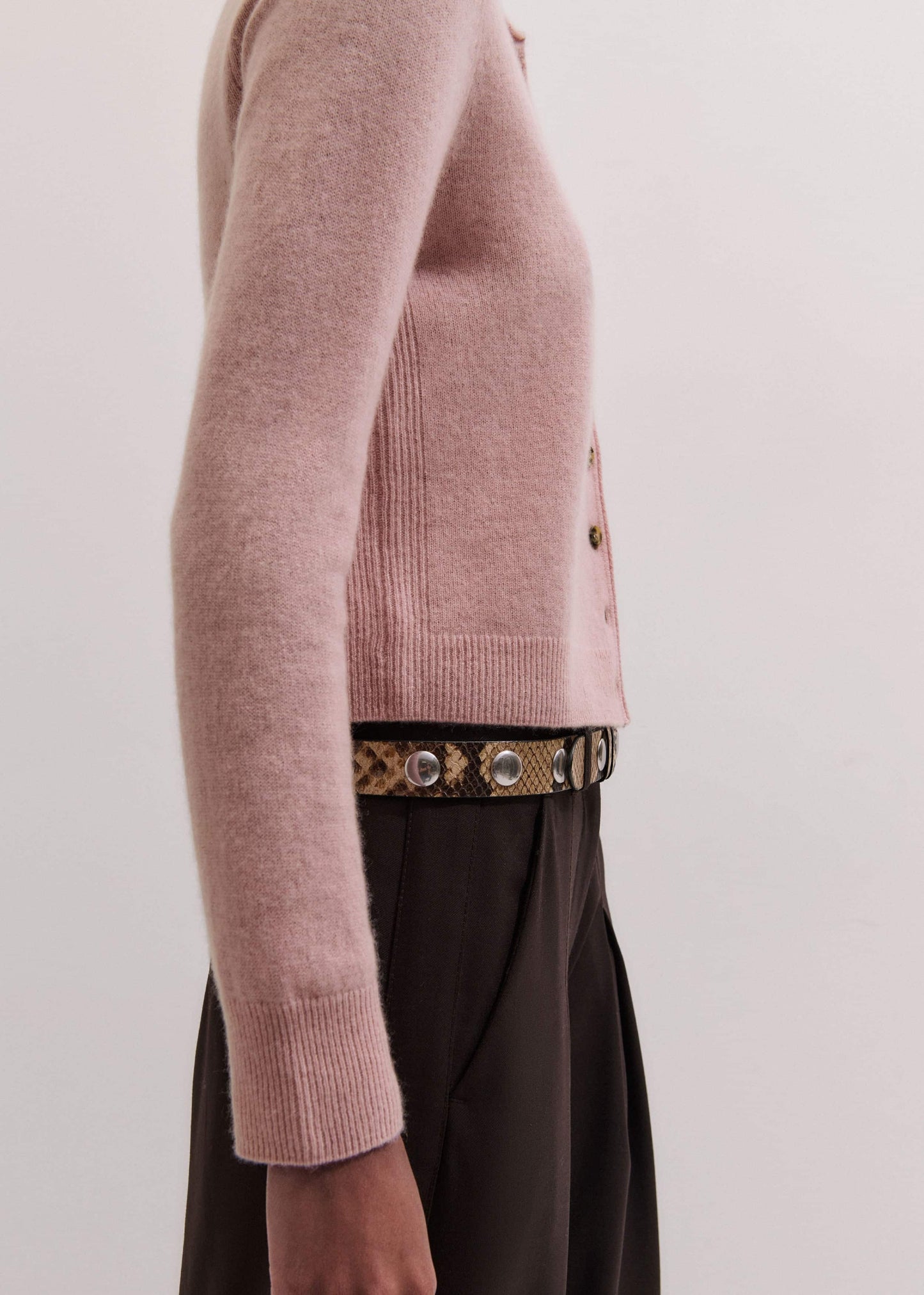Pink Cashmere Roll Trim Straight Cardigan