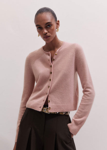 Pink Cashmere Roll Trim Straight Cardigan